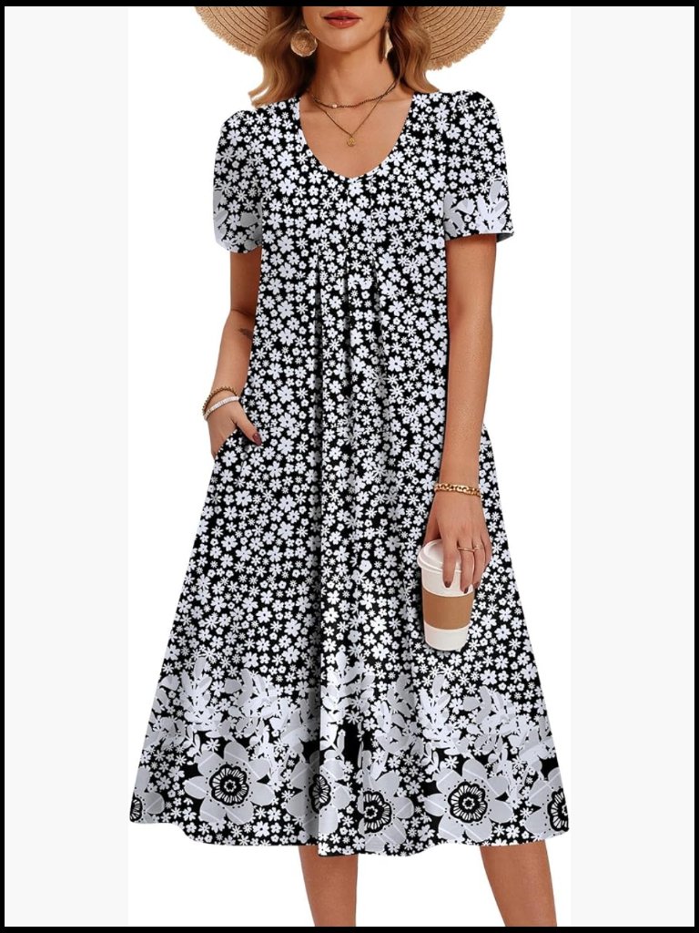 Polyester Spandex Casual Midi Sundress With Pockets V Neck Pleated